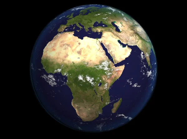 The Earth from space showing Europe and Africa. Extremely detailed image, including elements furnished by NASA. Other orientations available. — Stock Photo, Image