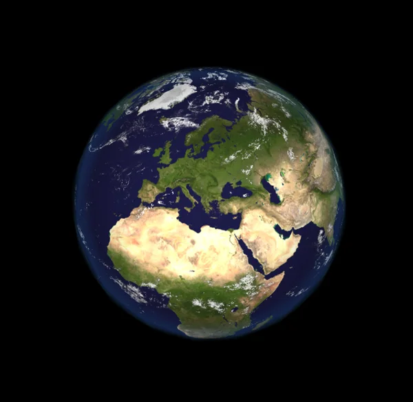 The Earth from space showing Europe and Africa. Extremely detailed image, including elements furnished by NASA. Other orientations available. — Stock Photo, Image