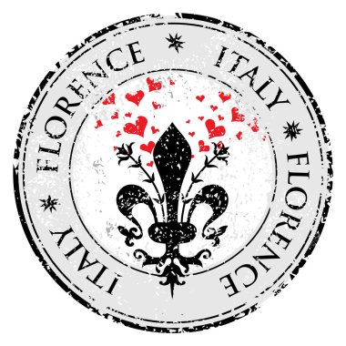 Love heart to The fleur de lis of Florence, travel destination grunge rubber stamp with symbol of Florence, Italy inside, vector illustration clipart