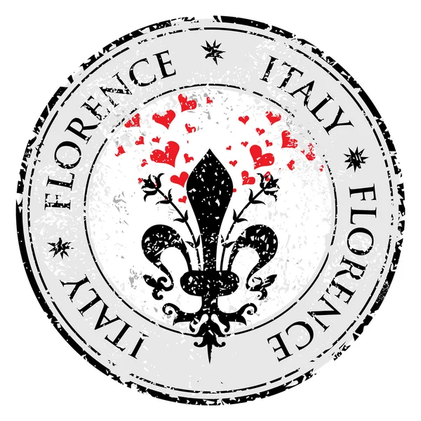 Liefde hart aan de fleur de lis van Florence, reizen bestemming grunge Rubberstempel met symbool van Florence, Italië binnen, vectorillustratie — Stockvector