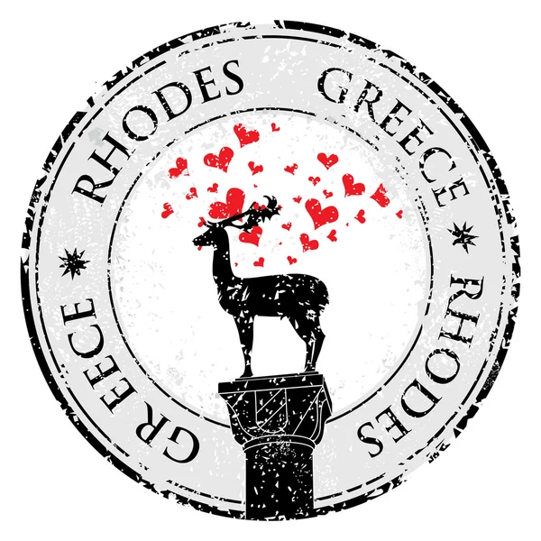 Timbre d'amour Grunge avec cerf Rhodes et coeur, Grèce écrit à l'intérieur — Image vectorielle