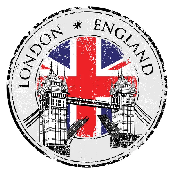 Tower Bridge Grunge Stempel mit Flagge, Vektor Illustration, London Vektor handgezeichnete Illustration — Stockvektor