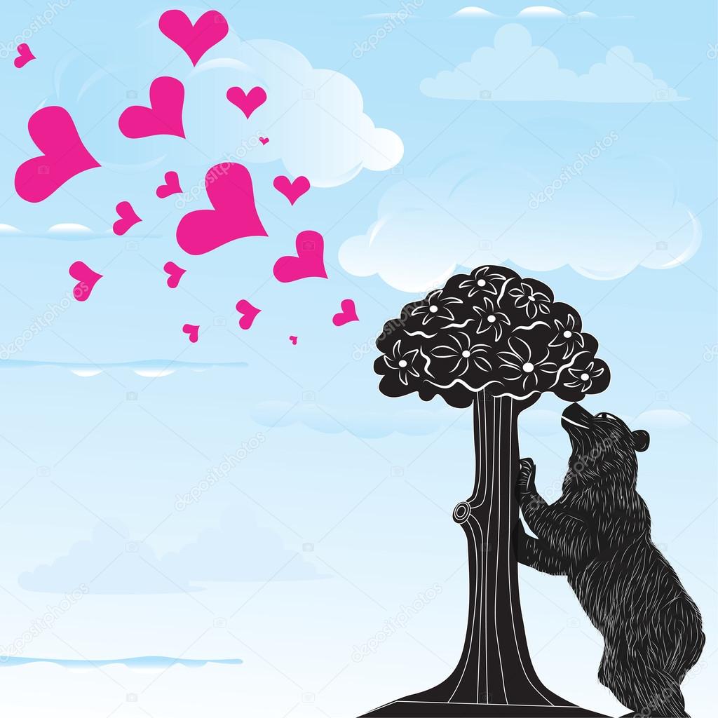 Love heart background with statue of Bear and strawberry tree and the words Madrid, Spain inside, vector illustration 