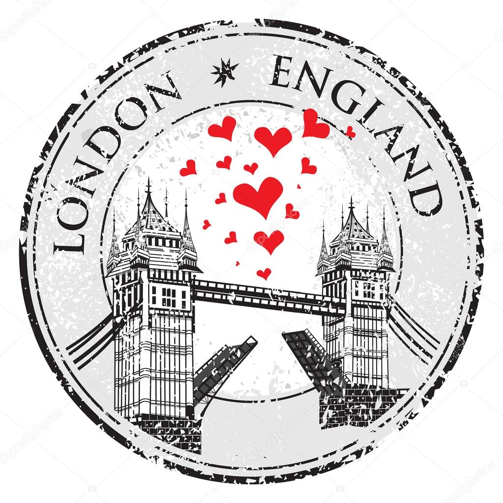 Tower Bridge grunge stamp with hearts, vector illustration , London vector hand drawn illustration