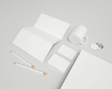 Kupa, rozet, kalem, antetli kağıtlar ve kartvizitler..