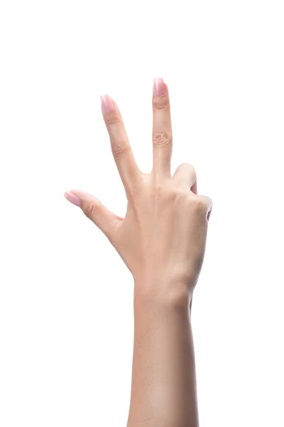 Frauenhände zählen drei, Zahl 3, isoliert auf weißem Hintergrund. — Stockfoto