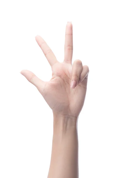 Frauenhände zählen drei, Zahl 3, isoliert — Stockfoto