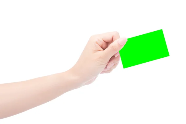 Ręka trzymać wizytówki na zielono — Zdjęcie stockowe