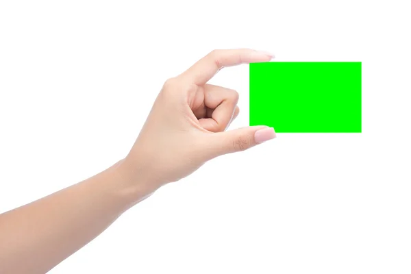 Mãos segurando cartão de visita em branco em chave croma verde, fácil para dicut — Fotografia de Stock
