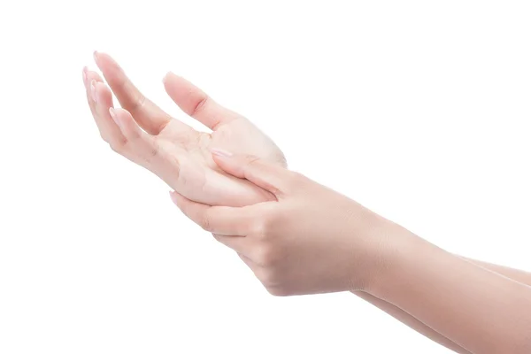 女性の手のひらは、痛みを伴う手をマッサージ女性の激痛. — ストック写真