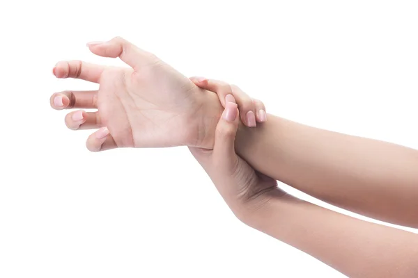 Dolor agudo en una palma de la mujer, una mujer masajeando su mano dolorosa . — Foto de Stock