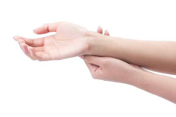 Acute pijn in de palm van een vrouw, een vrouw die haar pijnlijke hand masseren. — Stockfoto