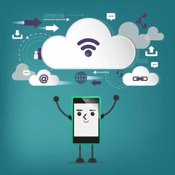 Connexion mobile, communication, connexion cloud — Image vectorielle