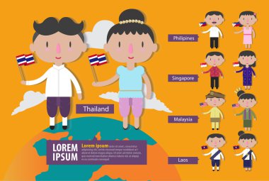 ASEAN insanlar bayrak ile geleneksel kostüm
