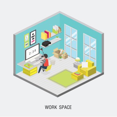 3D izometrik office kavramı düz.