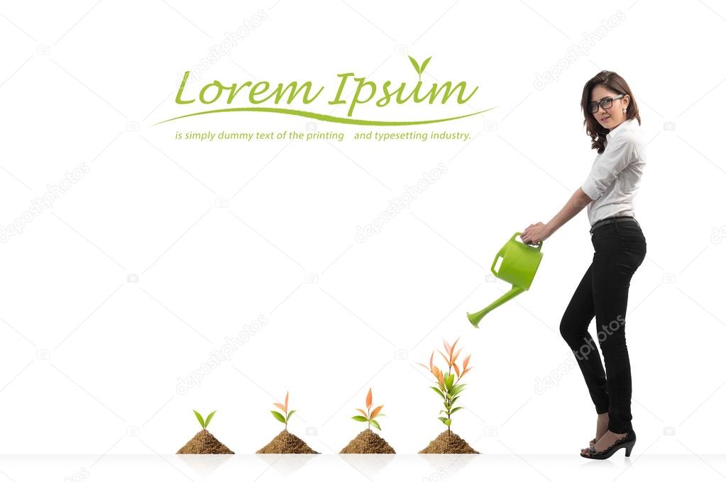 young woman watering the plants on globe background, representing a growth concept