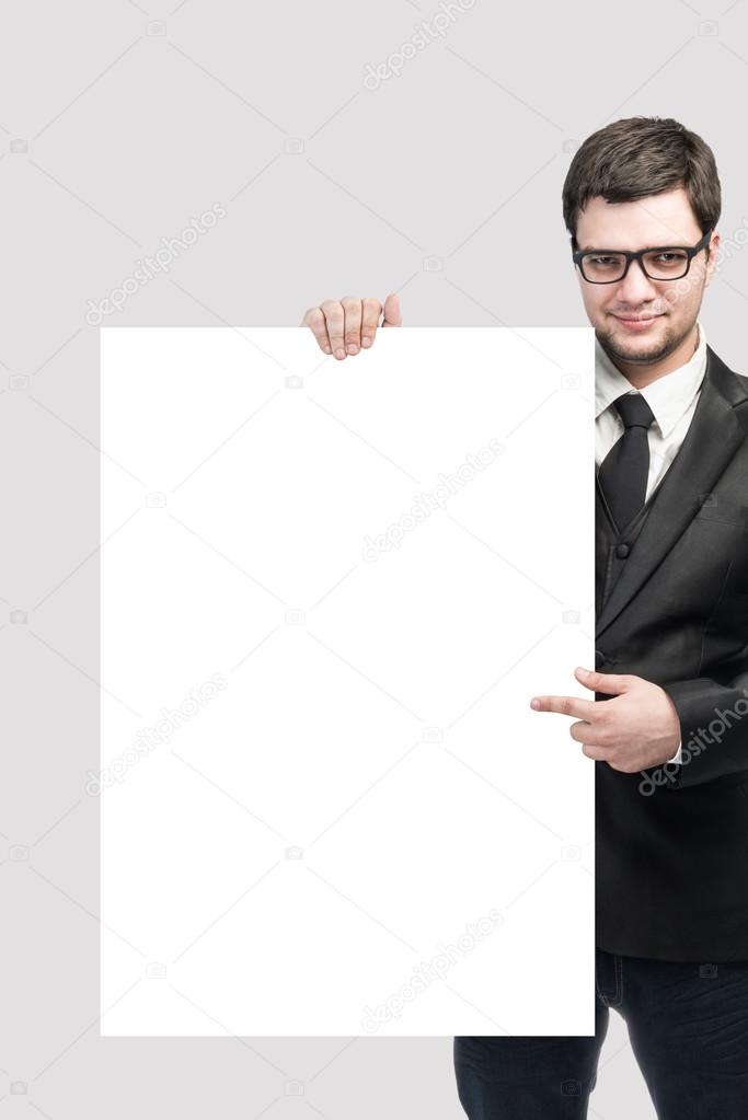 business man and blank board on white background 