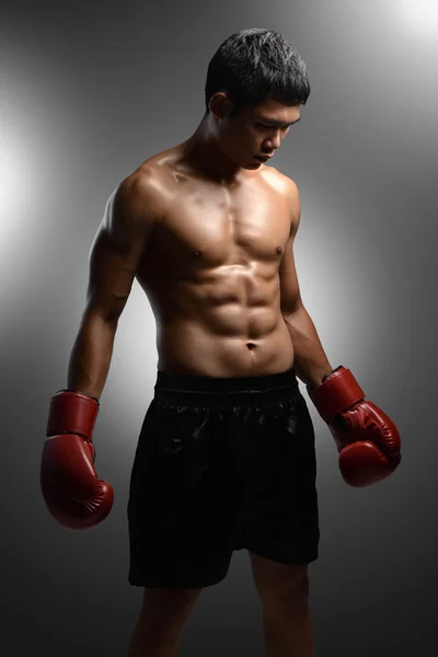 Boxeador con guantes de boxeo de pie sobre fondo gris con spotli —  Fotos de Stock