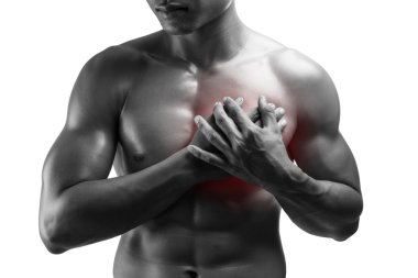 Genç adam kalp krizi, göğüs ağrısı, üzerinde beyaz ba izole sahip