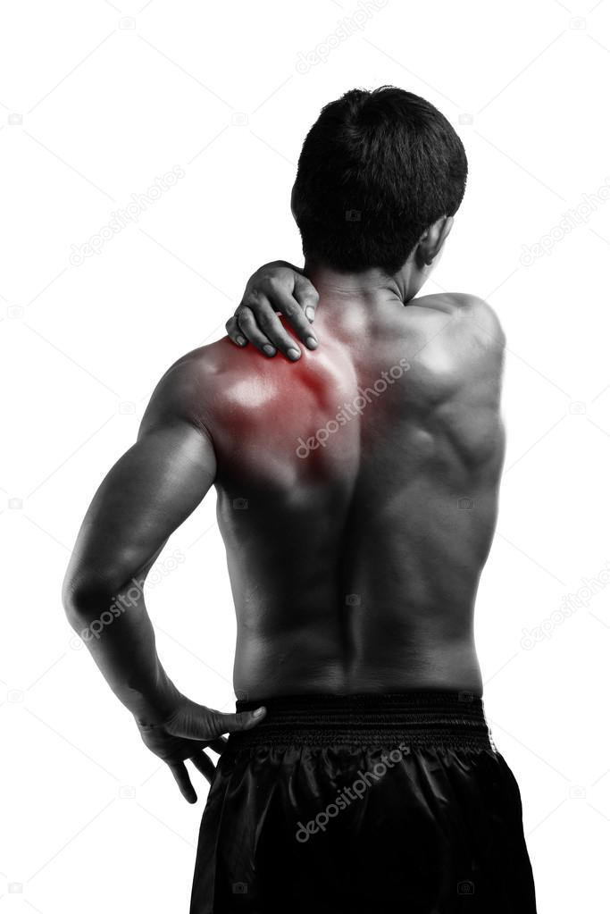 Young man with back pain, isolated on white 