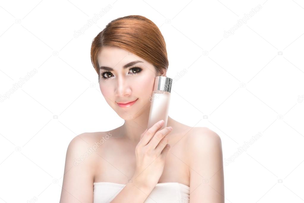 Beauty woman and skincare products,isolated on white with clipping path