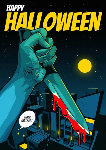 Feliz Halloween Plantilla Cubierta Mano Sosteniendo Cuchillo Fondo Ciudad Noche — Vector de stock