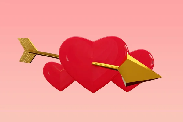 3D渲染的心脏与黄金丘比特箭头分离的粉红色背景情人节的概念 剪切路径 — 图库照片