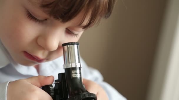 Pequeno cientista com um microscópio — Vídeo de Stock