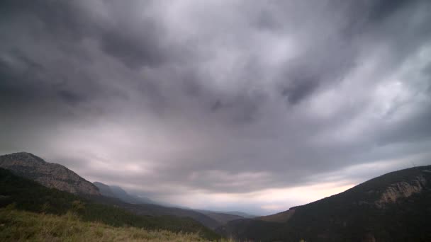 森の谷で雨の雲 雨に接近 天気空の雰囲気のニンバス曇り嵐の嵐暗い灰色の憂うつな悲観的な 北半球 高密度 針葉樹 広葉樹 — ストック動画