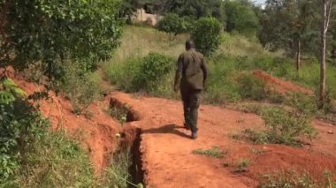 Yeşil Giysili Siyah Adam Afrika Doğa Yürüyüşü 'nde. Köy, tek başına yaşayan bekar bir erkek Afrika kırmızı toprağında yürüyor asker asker asker Nijerya Tanzanya Güney Afrika Kenya 4K