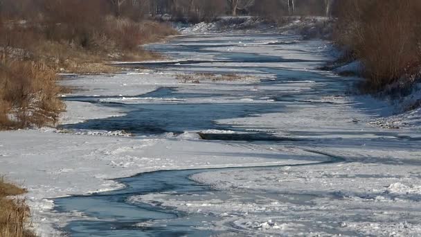 Fluss Fließt Unter Gefrorenen Eisschilden Gefrorene Wasseroberfläche Fluss Und Bach — Stockvideo