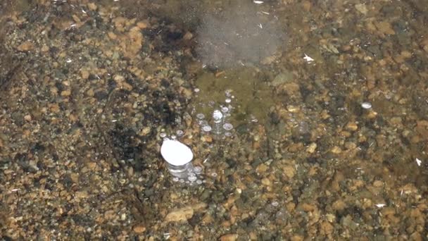 조각에 방울들은 수면으로 도중에 갇히게 얼어붙은 호수는 매혹적 형태로 아래에 — 비디오