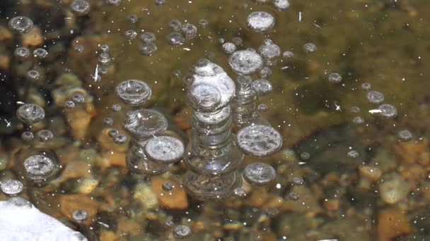 氷床に閉じ込められた空気の泡泡泡は 表面に向かう途中で閉じ込められるようになります 魅力的な形で下に閉じ込められた氷の円を持つ凍った湖 — ストック動画