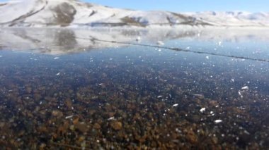 Gölün donmuş su yüzeyi. Kalın ve sert cam buz tabakası. Şeffaf buz tabakası. Soğuk kış mevsimi. Kuzey buzlu buzlu buz tabakası.