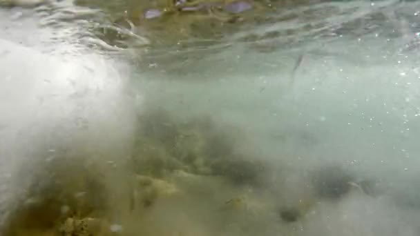 Ijsschots Onder Water Rivier Stukken Ijs Drijven Het Water Een — Stockvideo
