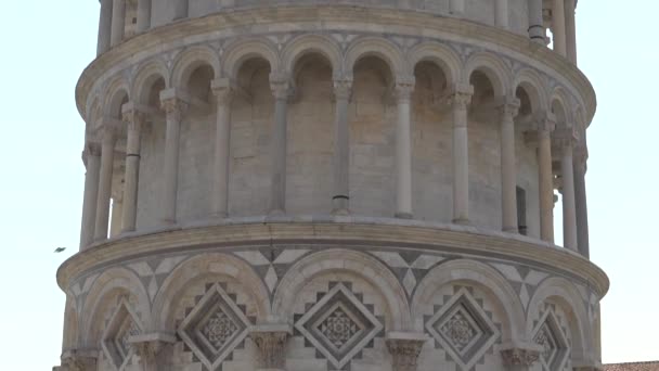 意大利比萨斜塔的白色大理石拱门和柱子 巴西西尔寺白色纪念碑雕塑不对称历史欧洲高拱形盲形拱形拱顶灰色墙角立柱马赛克大理石错误罗马建筑错误4K — 图库视频影像