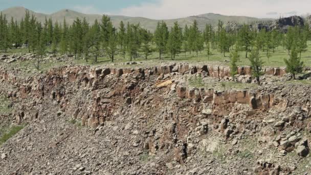 Broken Crumbled Rocks Spilling Canyon Slope Ridge Valley Floor Volcanic — Stock Video