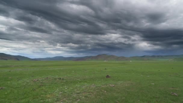 Flat Central Asian Meadow Dark Overcast Cloudy Weather Grassland Prairie — Stock Video