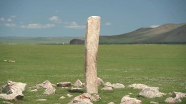 Eski zamanlardan kalma dikilitaş menhir yazıtları. Sembollerle oyulmuş geyik taşı megalitleri. Deerstone mezarlıkları orthostat tarihi tarihi antik petroglyph anıtı anıtı..