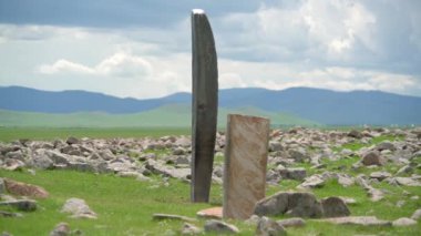 Eski zamanlardan kalma dikilitaş menhir yazıtları. Sembollerle oyulmuş geyik taşı megalitleri. Deerstone mezarlıkları orthostat tarihi tarihi antik petroglyph anıtı anıtı..