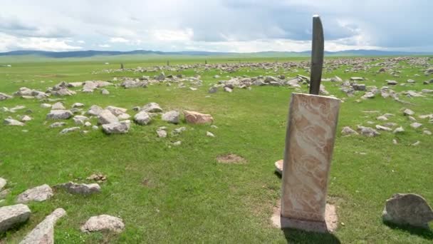 Inscription Obelisk Menhir Old Ancient Dobes Deer Stone Megalith Carved — Stock video