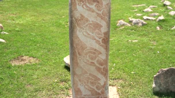 Inscription Obelisk Menhir Old Ancient Dobes Deer Stone Megalith Carved — Stock video