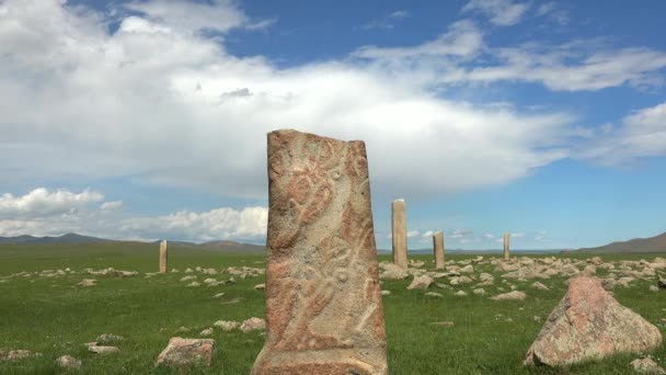 Herten Stenen Zijn Oude Megalieten Gesneden Met Symbolen Grave Hertenstenen — Stockvideo
