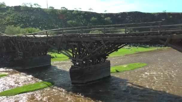 Ponte Legno Legno Fatto Tronchi Albero Fiume Ruscello Struttura Costruzione — Video Stock