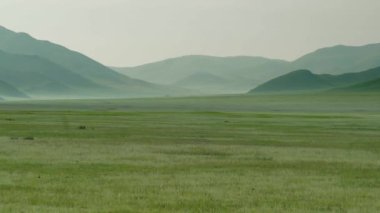 Ağaçsız geniş vadide sade. Otlaklar çayır bozkır bozkır bozkırları, ovalar, ovalar, ovalar, ovalar, dağlık coğrafya, yamaçlar, yamaçlar, yamaç tepeleri, geniş araziler, geniş doğa manzarası, büyük, geniş bir Moğolistan manzarası..