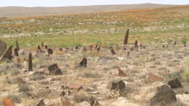 Tarih öncesi mezarlıktaki mezar taşları ve dikilitaşları. Kurgan taş çelik heykeli menhirs antik anıtı çaldı. Menhir ortopedist bronz çağı megalit Stele toplu mezarlığı tarihi bozkır tarihi tarihi tarihi taş arkeolojik 4K