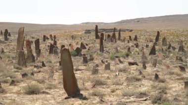 Tarih öncesi mezarlıktaki mezar taşları ve dikilitaşları. Kurgan taş çelik heykeli menhirs antik anıtı çaldı. Menhir ortopedist bronz çağı megalit Stele toplu mezarlığı tarihi bozkır tarihi tarihi tarihi taş arkeolojik 4K