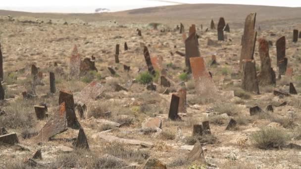 Tombstones Obelisks Prehistoric Cemetery Kurgan Stone Stelae Statue Menhirs Steles — Stock Video