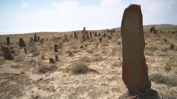 Sírkövek Obeliszkek Őskori Temetőben Kurgan Stelae Szobor Menhirs Csillagok Ősi — Stock videók