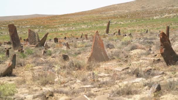 Grafstenen Obelisken Prehistorische Begraafplaats Kurgan Stenen Stelae Standbeeld Menhirs Steles — Stockvideo